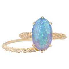 2.7ct Solid Australian Opal Engagement Ring Wedding Band Set 14k Yellow Gold