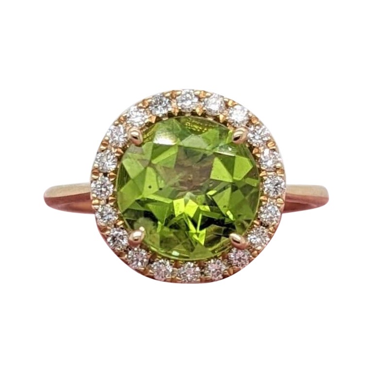 2,7 Karat funkelnder Peridot Ring mit natürlichen Diamanten in massivem 14k Gold, rund, 9 mm