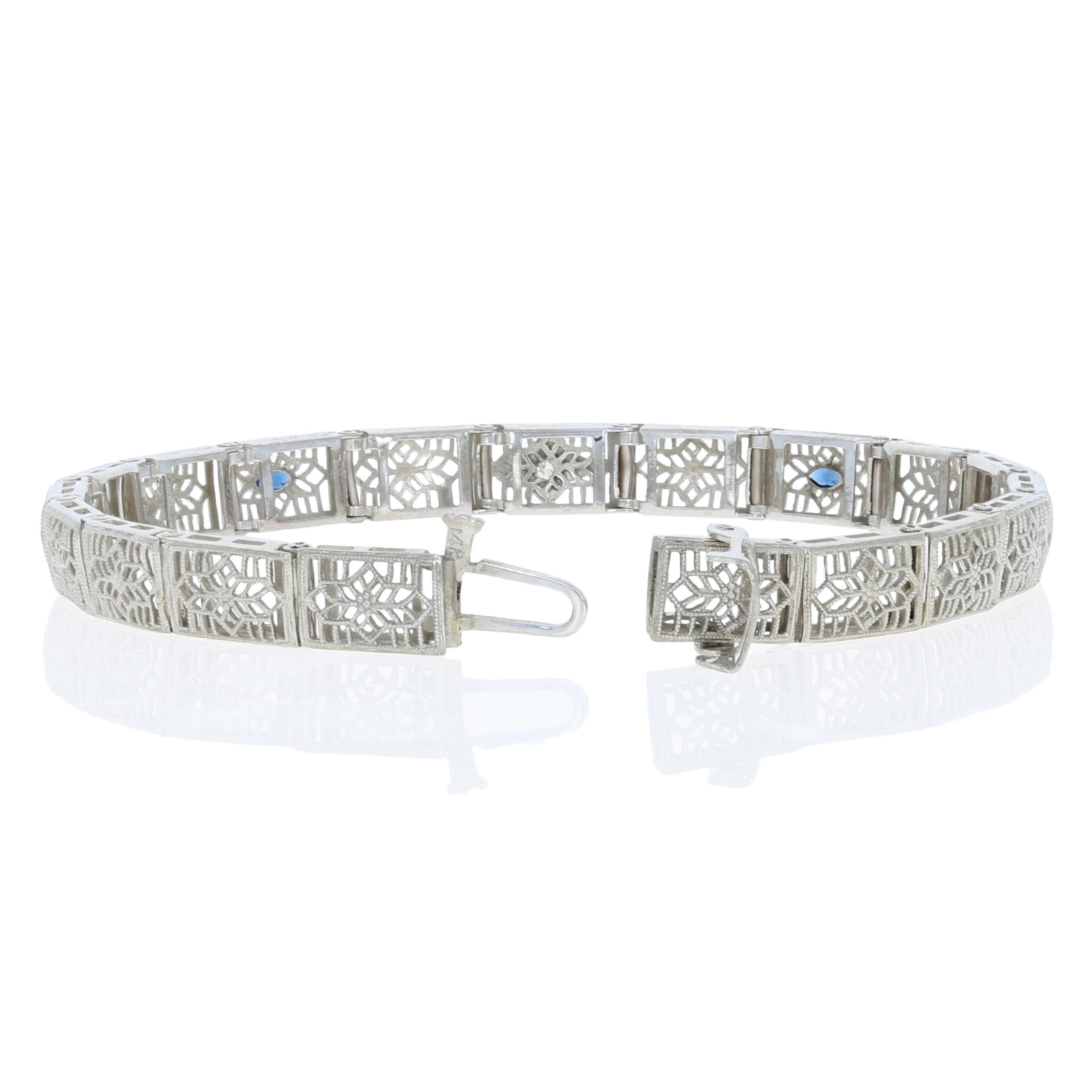 Marquise Cut .27 Carat Marquise Simulated Sapphire and Diamond Art Deco Bracelet 14k Gold