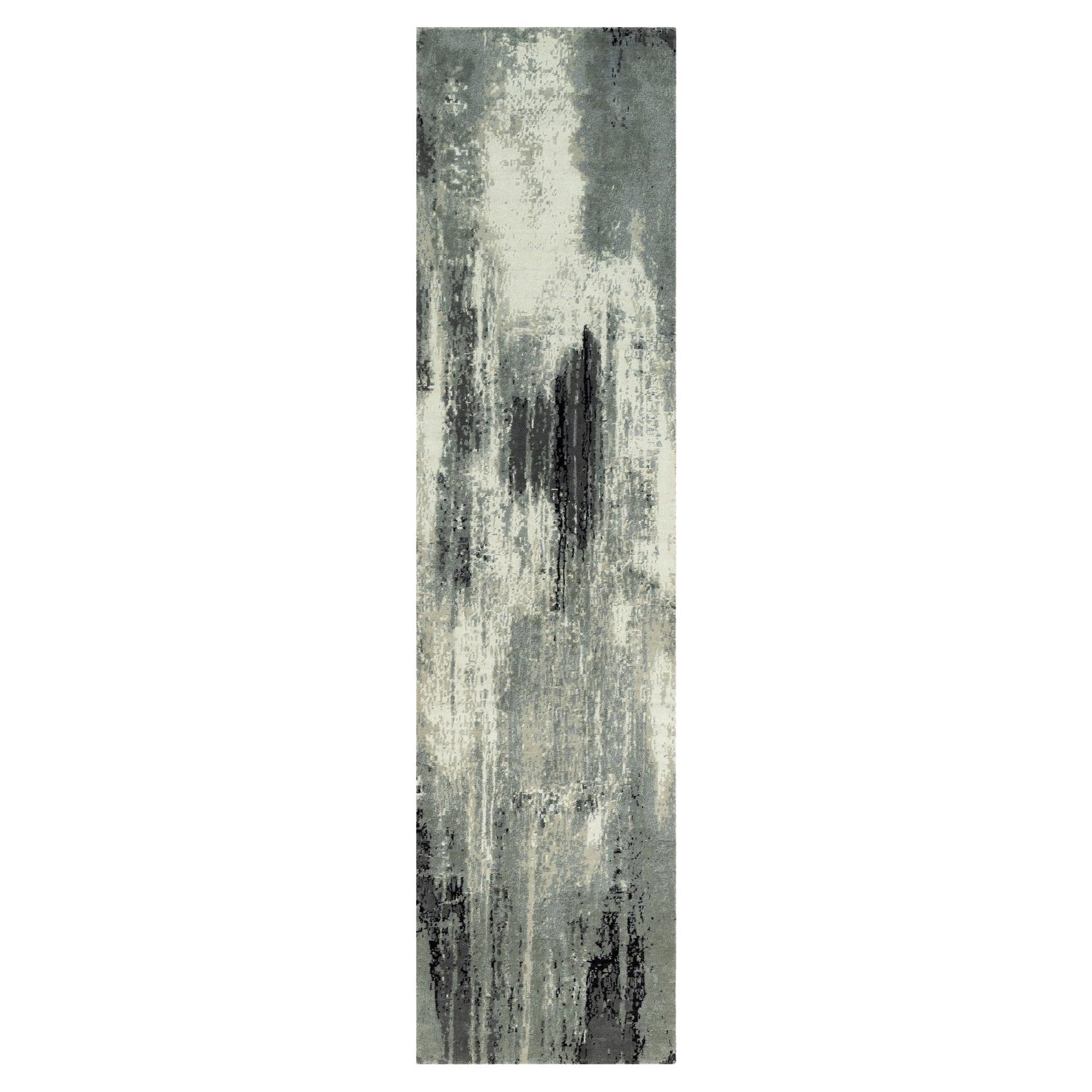 2'7"x10' Black with Ivory Soft Abstract Design Hand Knotted Wool Runner Rug