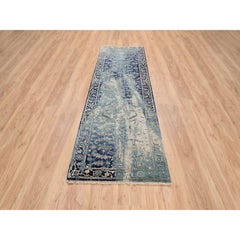 2'7"x10' Blue-Teal Erased Wool And Silk Hand Knotted Broken Heriz Runner Rug