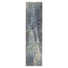 2'7"x10' Blue-Teal Erased Wool And Silk Hand Knotted Broken Heriz Runner Rug