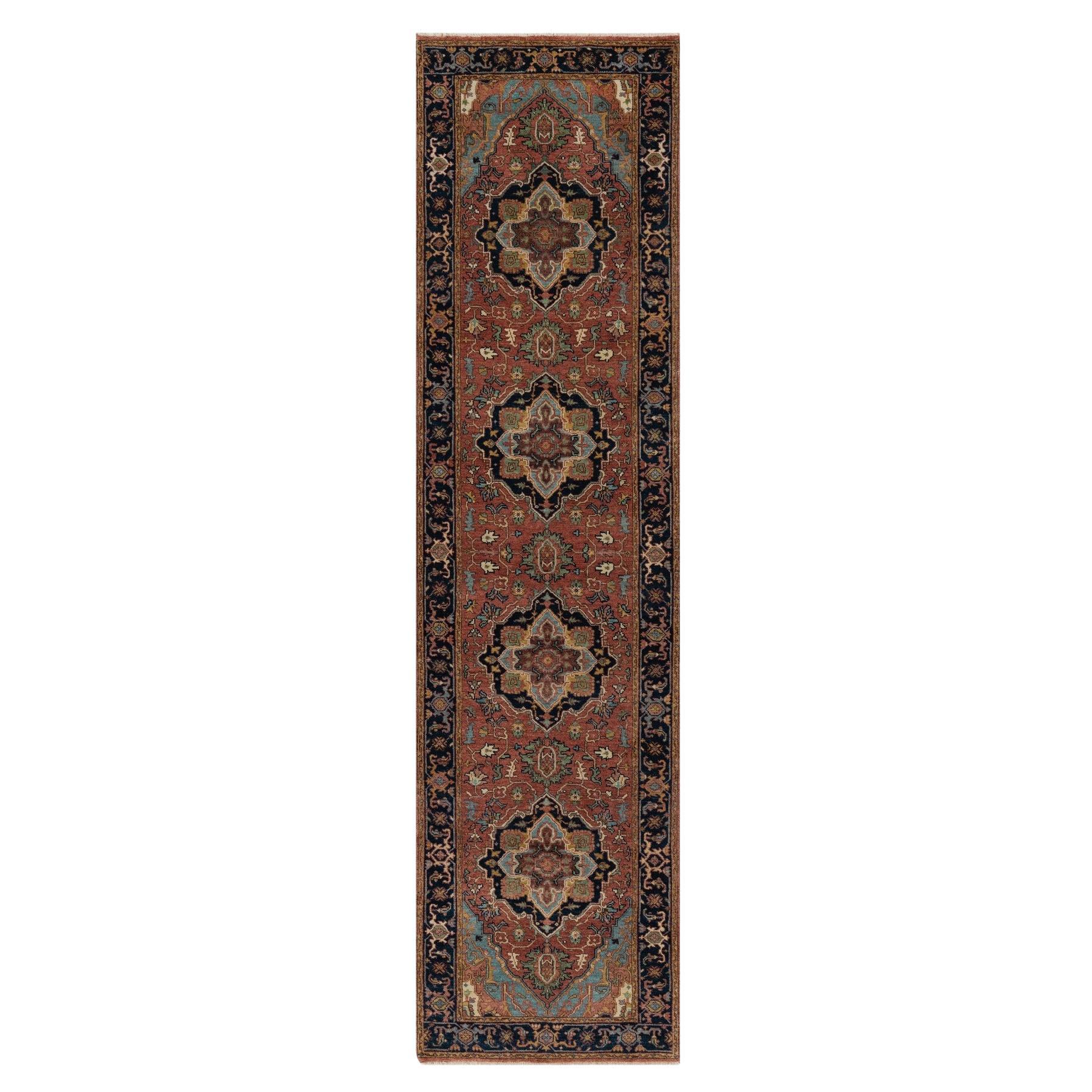 2'7"x10' Brick Red Antiqued Fine Heriz Re-Creation Hand Knotted Wool Runner Rug