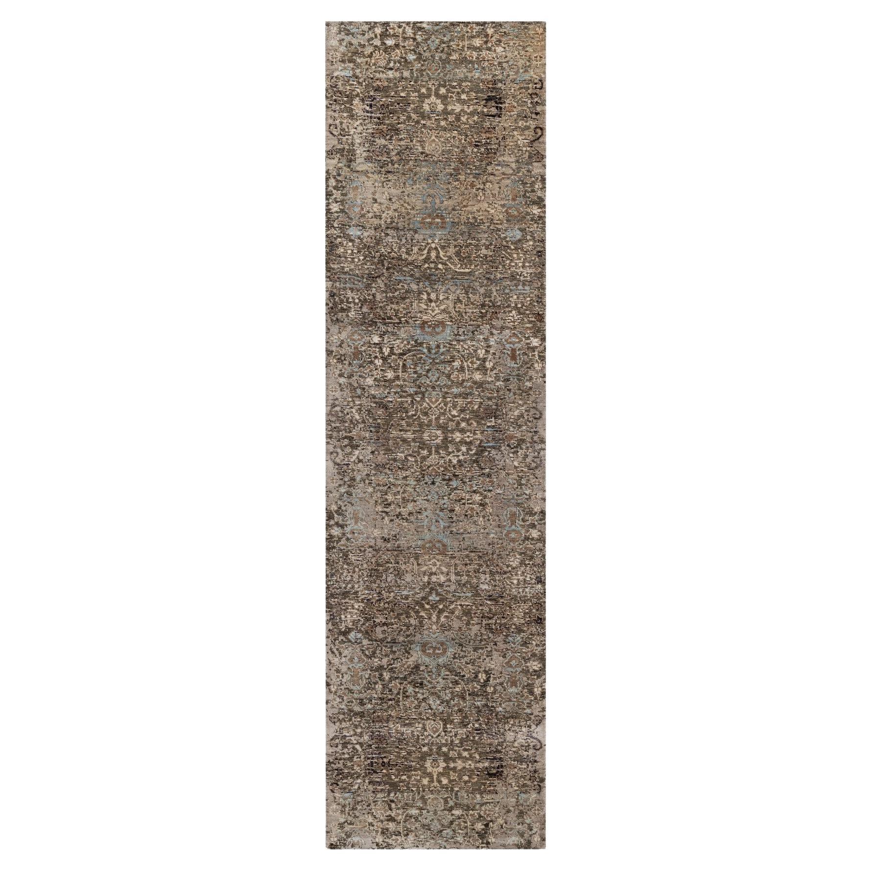 Tappeto Runner 2
7 "x10
 Brown Erased Flower Design Silk Textured Wool Hand Knotted in vendita