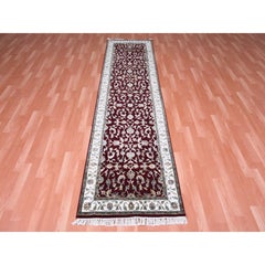 2'7"x10' Burgundy Red Wool and Silk Hand Knotted Rajasthan Runner Rug