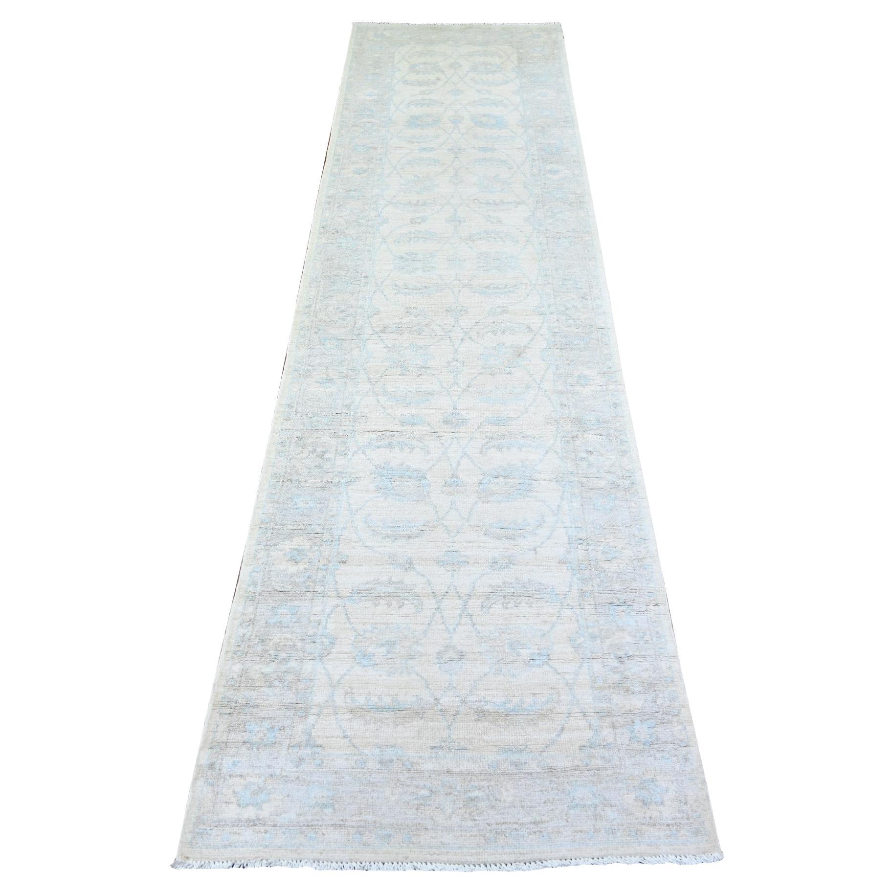 2
7 "x10
Daisy White Wool Hand geknüpft Washed Out Läufer Peshawar Oriental Rug