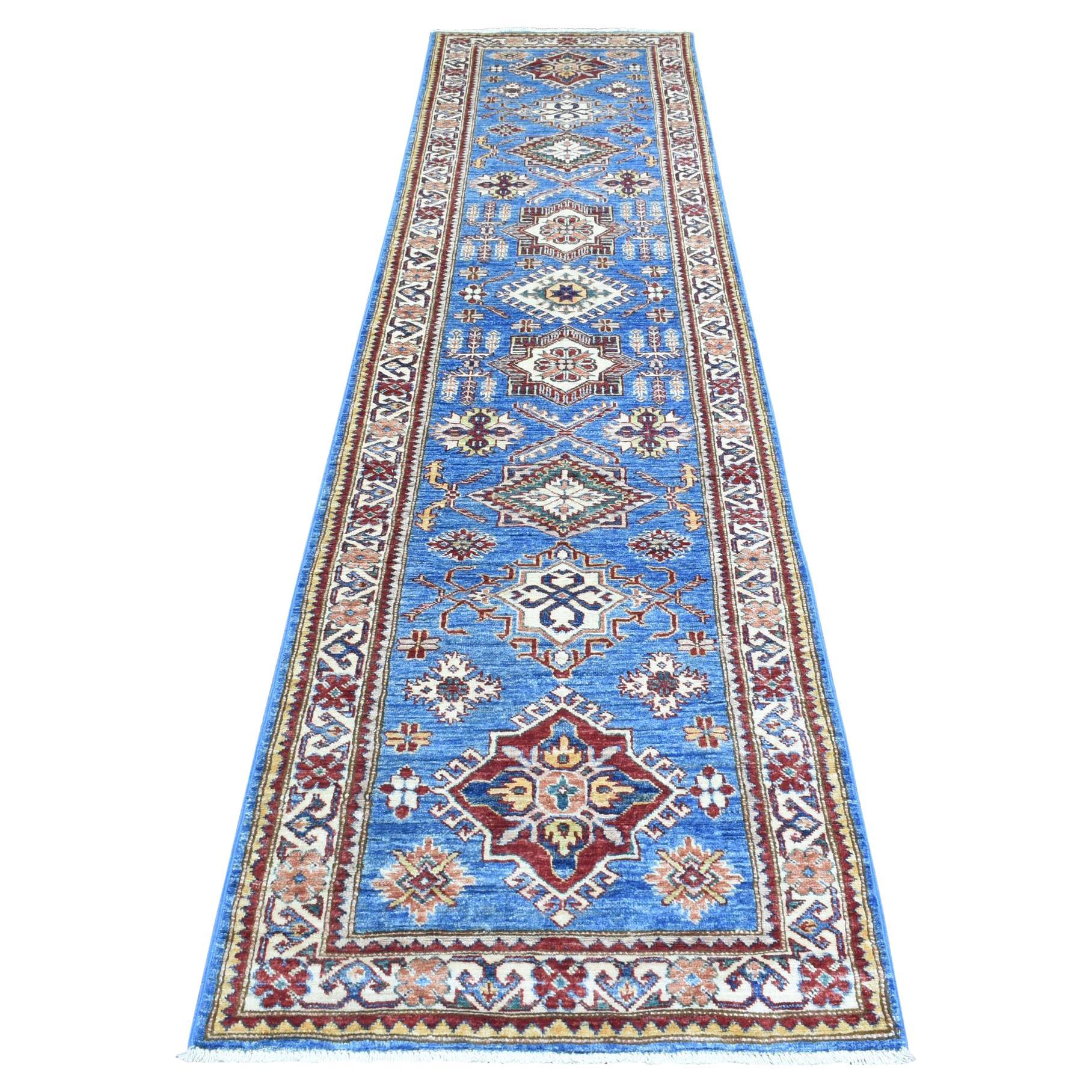 2'7"x10' Denim Blue, Afghan Super Kazak Pure Wool Hand Knotted Runner Rug