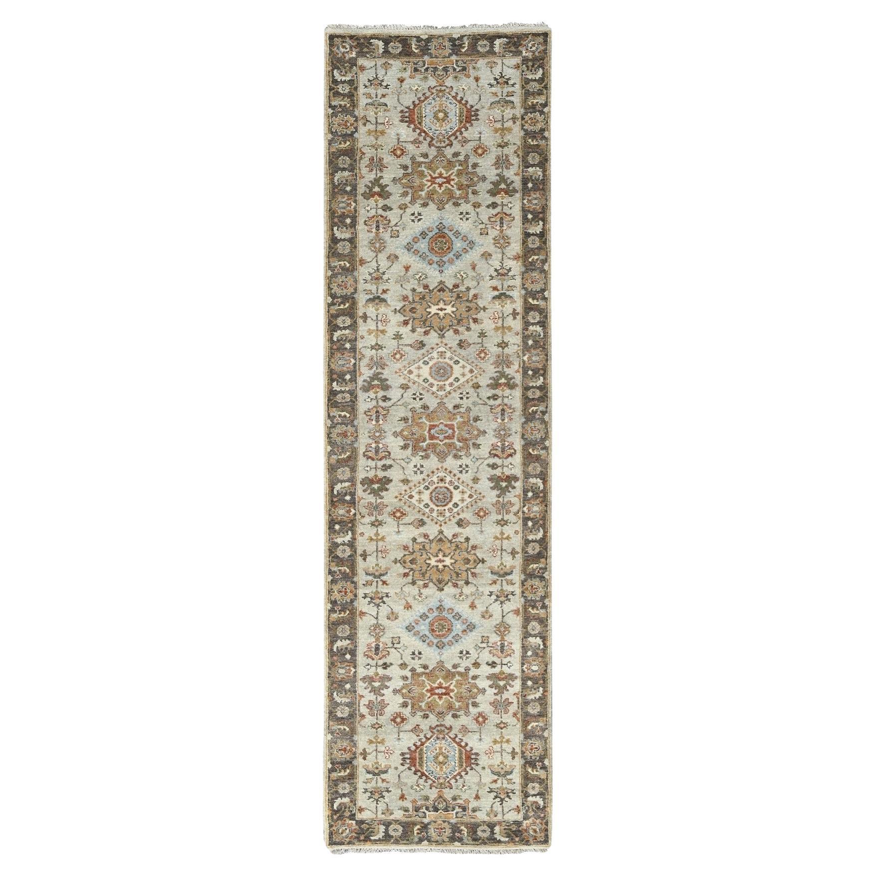 2
7"x10
 Goose Gray, Karajeh Design, Pure Wool, Hand Knotted Runner Rug