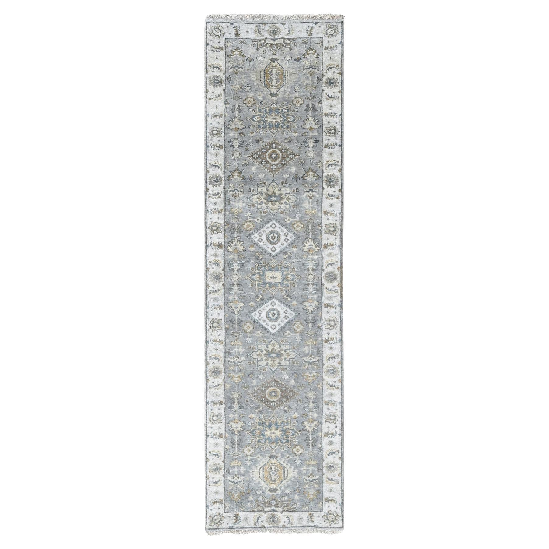 2'7"x10' Gray Hand Knotted Velvety Wool Karajeh Geometric Design Runner Rug For Sale