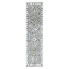 2'7"x10' Gray Hand Knotted Velvety Wool Karajeh Geometric Design Runner Rug