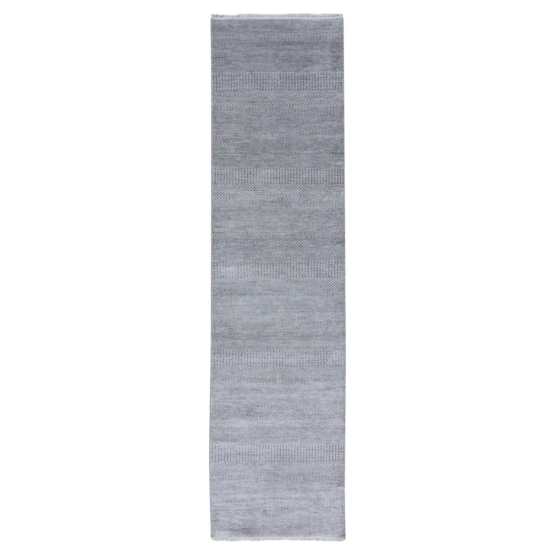 2'7"x10' Gray, Wool and Silk Hand Knotted Modern Grass Design Gabbeh Runner Rug