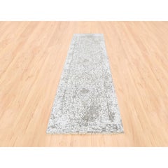 2'7"x10' Grey Broken Persian Design Wool And Pure Silk Hand Knotted Rug