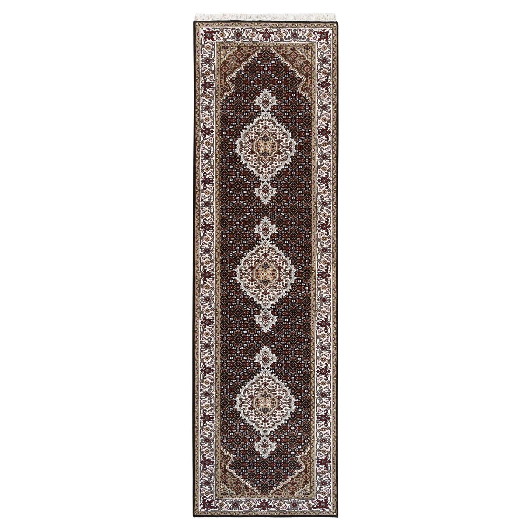 2'7"x10' Hand Knotted Fish Medallion Design Tabriz Mahi Black Wool Rug