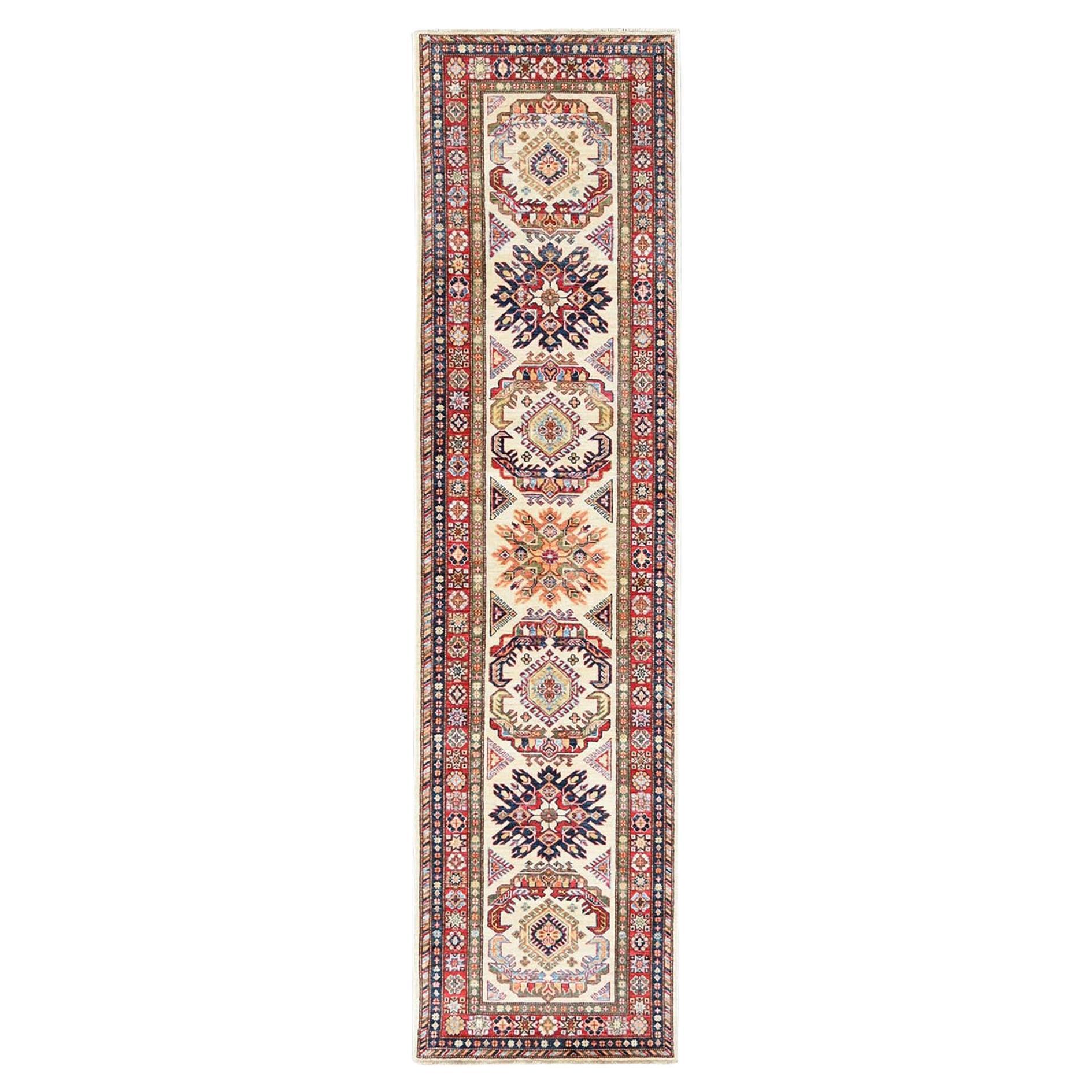2'7"x10' Ivory Afghan Super Kazak Shiny Wool Hand Knotted Oriental Runner Rug