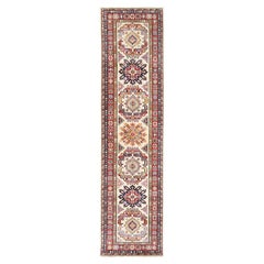 2'7 "x10' Marfil Afgana Super Kazak Lana Brillante Anudada a Mano Alfombra Oriental de Corredor