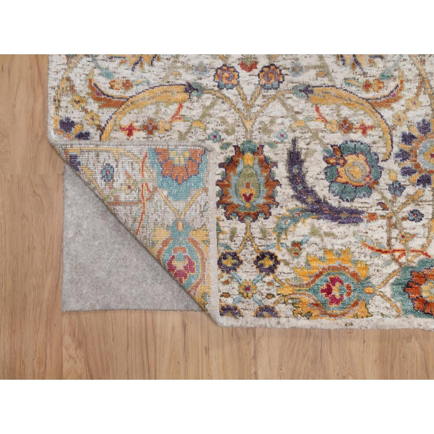 Medievale Tappeto Runner in seta e lana annodato a mano con design a foglie di falce colorate avorio 2'7 