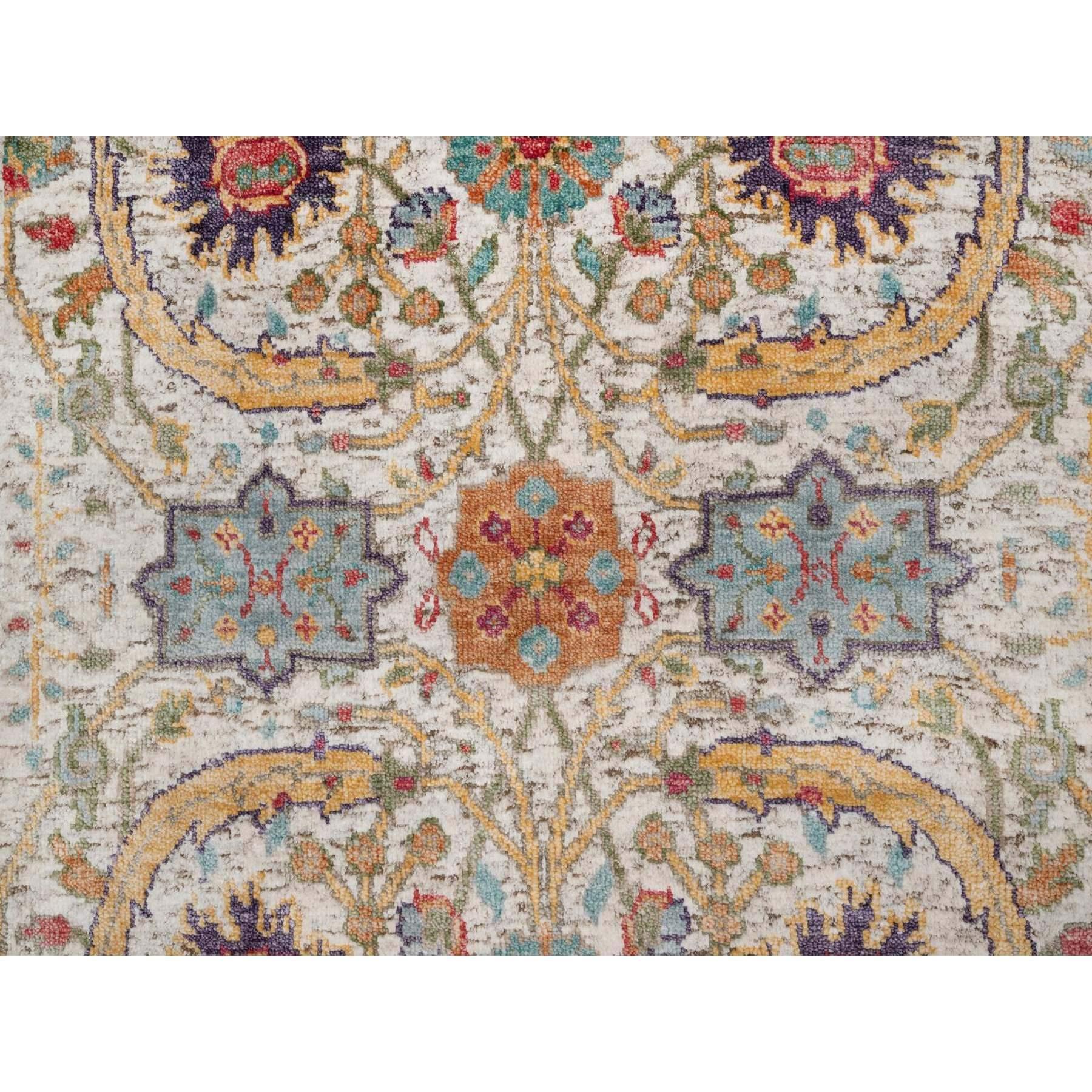 Annodato a mano Tappeto Runner in seta e lana annodato a mano con design a foglie di falce colorate avorio 2'7 