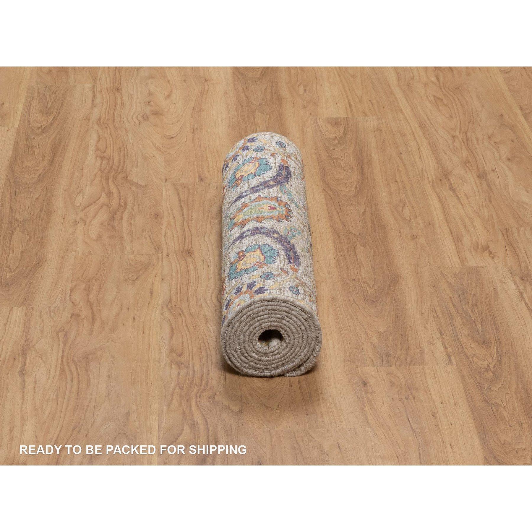 Tappeto Runner in seta e lana annodato a mano con design a foglie di falce colorate avorio 2'7 