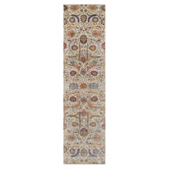 Tappeto Runner in seta e lana annodato a mano con design a foglie di falce colorate avorio 2'7 "x10'