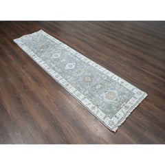 2'7"x10' Medium Gray, Karajeh Design, Natural Wool, Hand Knotted, Runner Rug