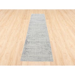 2'7"x10' Modern Wool and Silk Fine Jacquard Gray Handloomed Runner Oriental Rug