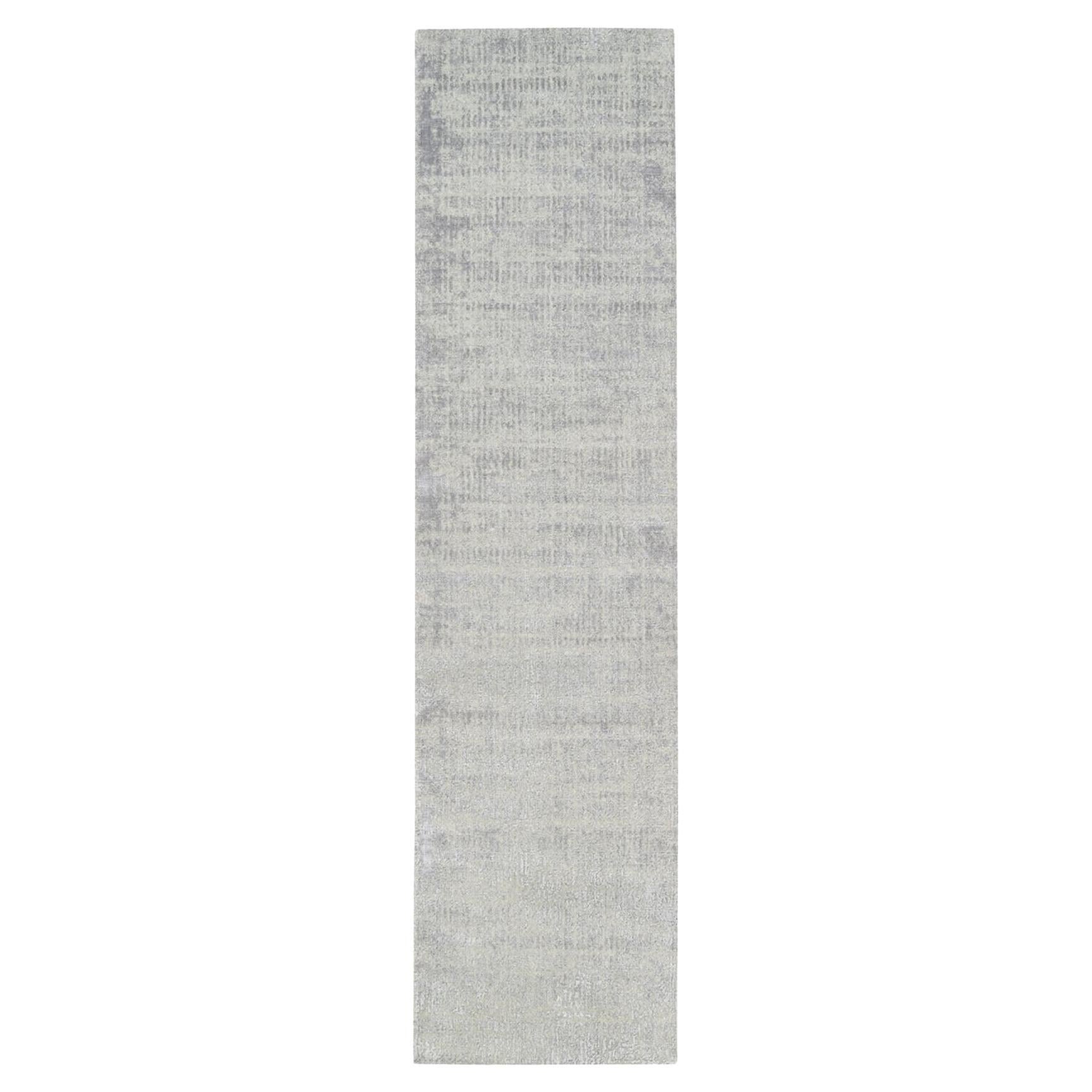 2'7"x10' Modern Wool and Silk Fine Jacquard Gray Handloomed Runner Oriental Rug