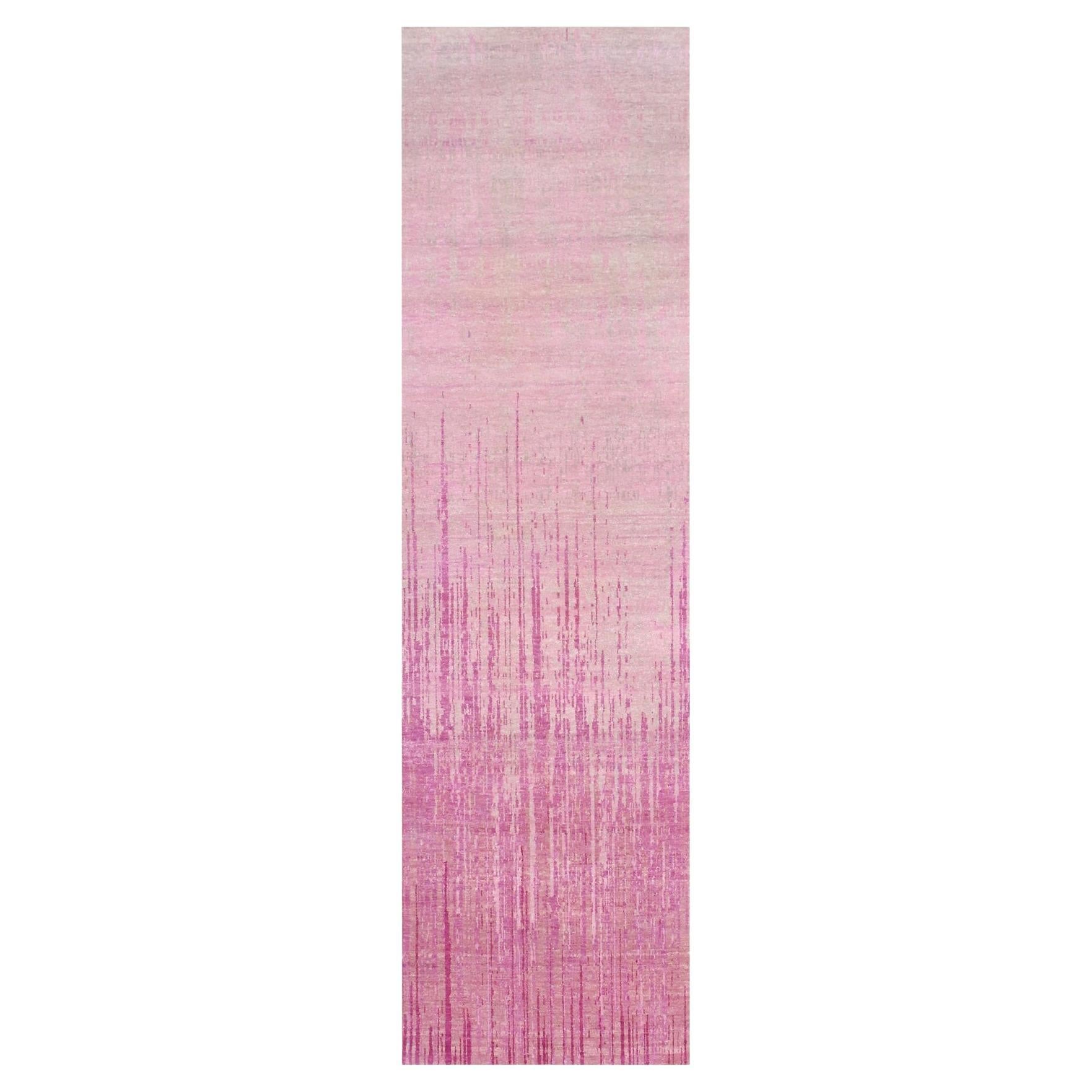 2'7"x10' Pink Hand Knotted Vertical Ombre Design Natural Wool Runner Rug