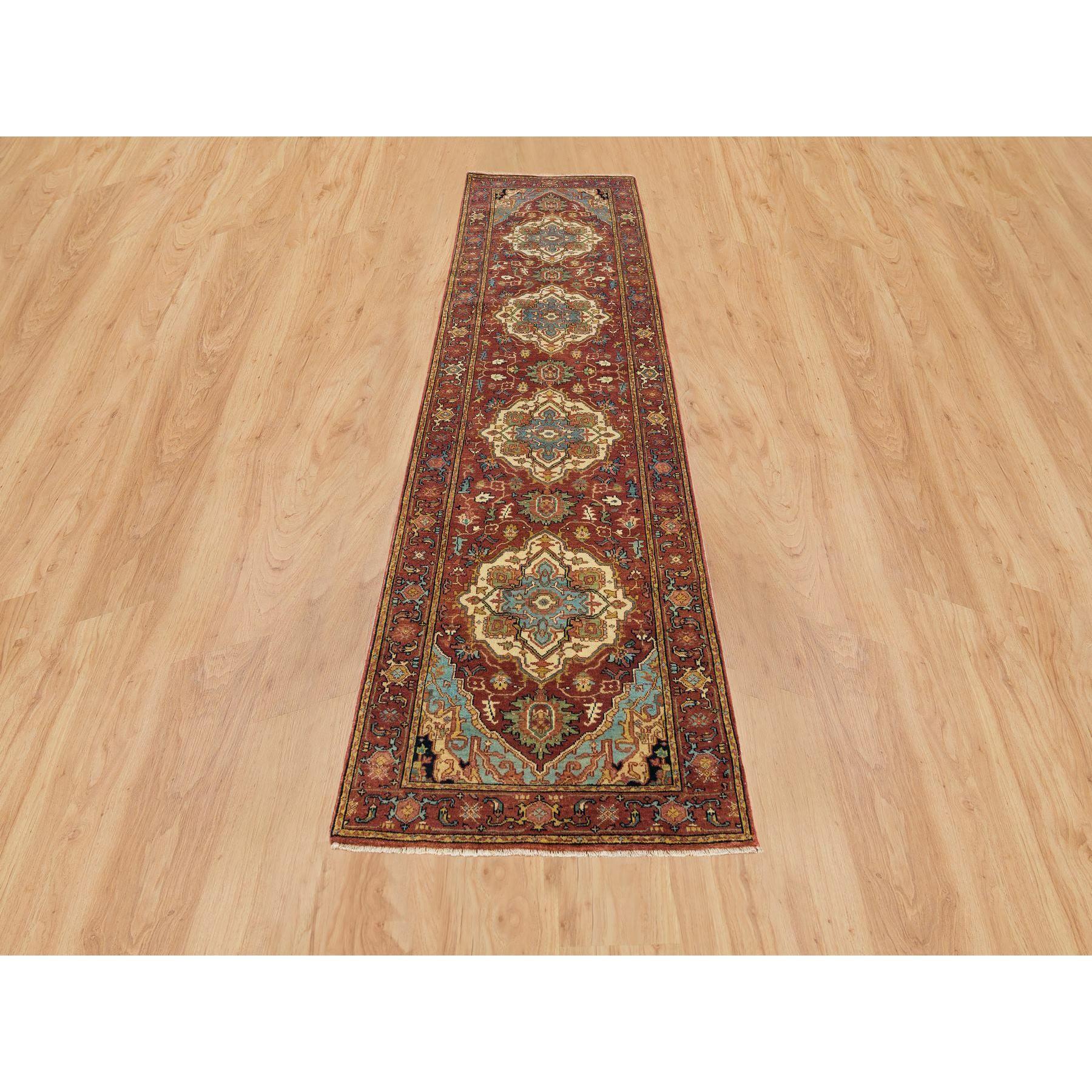 Terracotta Red, Hand Knotted, Antiqued Fine Heriz Re-Creation, Densely Woven, Natural Dyes, Extra Soft Wool, Runner Oriental Rug
Primary materials: Wool
Latex: No Pile 
height: 0.25 Inches
Style: Traditional
Primary color: Red
Secondary colors: