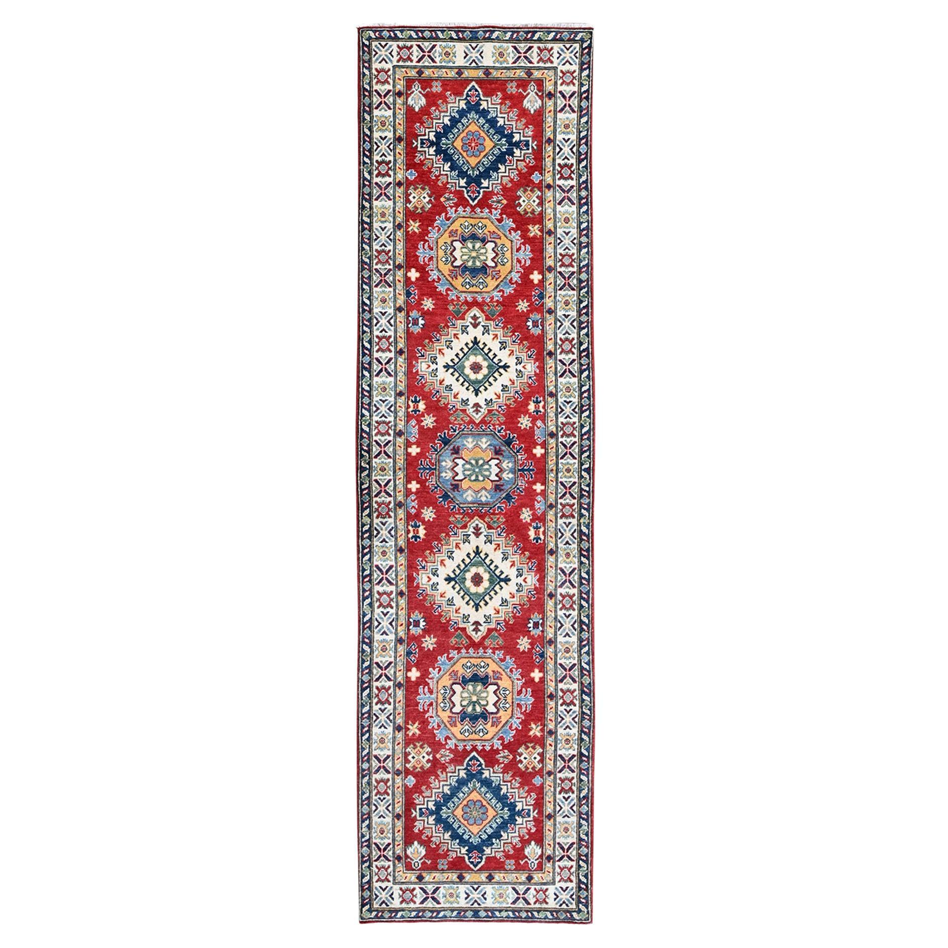 2
7"x10
 Red Kazak with Tribal Medallions Design Hand Knotted Wool Runner Rug