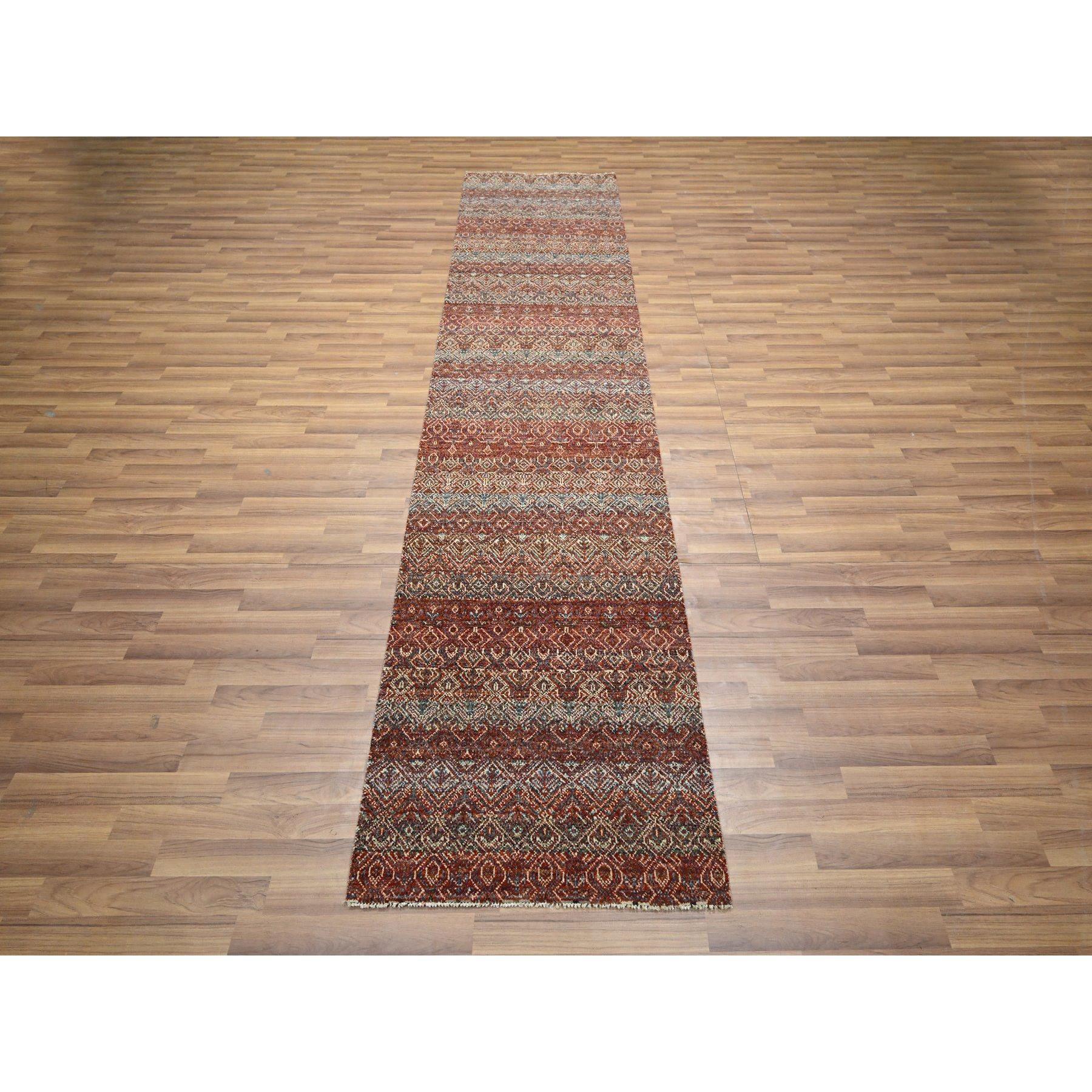 Paprika Red, Tone On Tone, Kohinoor Herat with Small Geometric Repetitive Diamond Pattern, Soft Wool, Hand Knotted, Runner, Oriental Rug
Primary materials: Wool\
Latex: No Pile 
height: 0.25 Inches
Style: Contemporary
Primary color: Red
Secondary