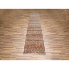 2'7"x10' Rust Red Geometric Repetitive Pattern Hand Knotted All Wool Runner Rug