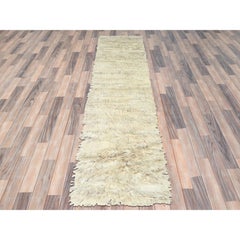 2'7"x10'1" Beige, Shag Flokati Greek Style, Natural Wool Hand Knotted Runner Rug