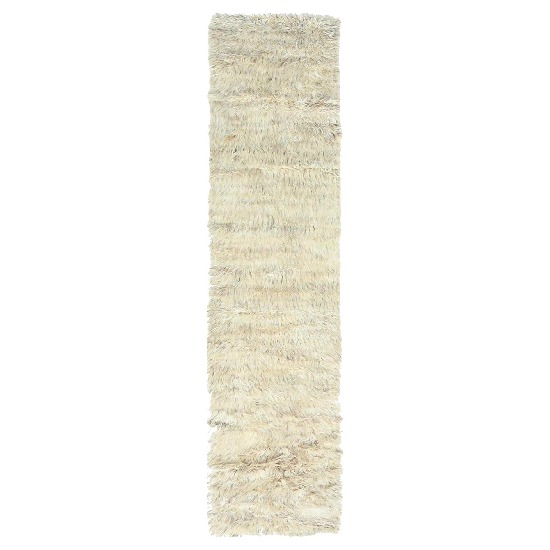 2'7"x10'1" Beige, Shag Flokati Greek Style, Natural Wool Hand Knotted Runner Rug
