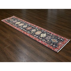 2'7"x10'1" Denim Black, Organic Wool, Hand Knotted, Karajeh Design Runner Rug