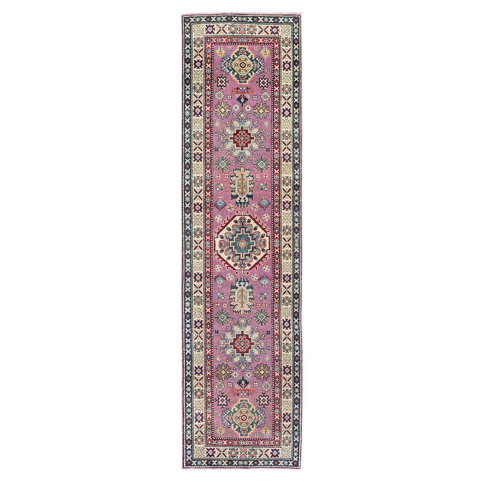 2'7"x10'1" Neon Pink Kazak with Tribal Design Hand Knotted Soft Wool Runner Rug