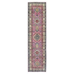 2'7"x10'1" Neon Pink Kazak with Tribal Design Hand Knotted Soft Wool Runner Rug