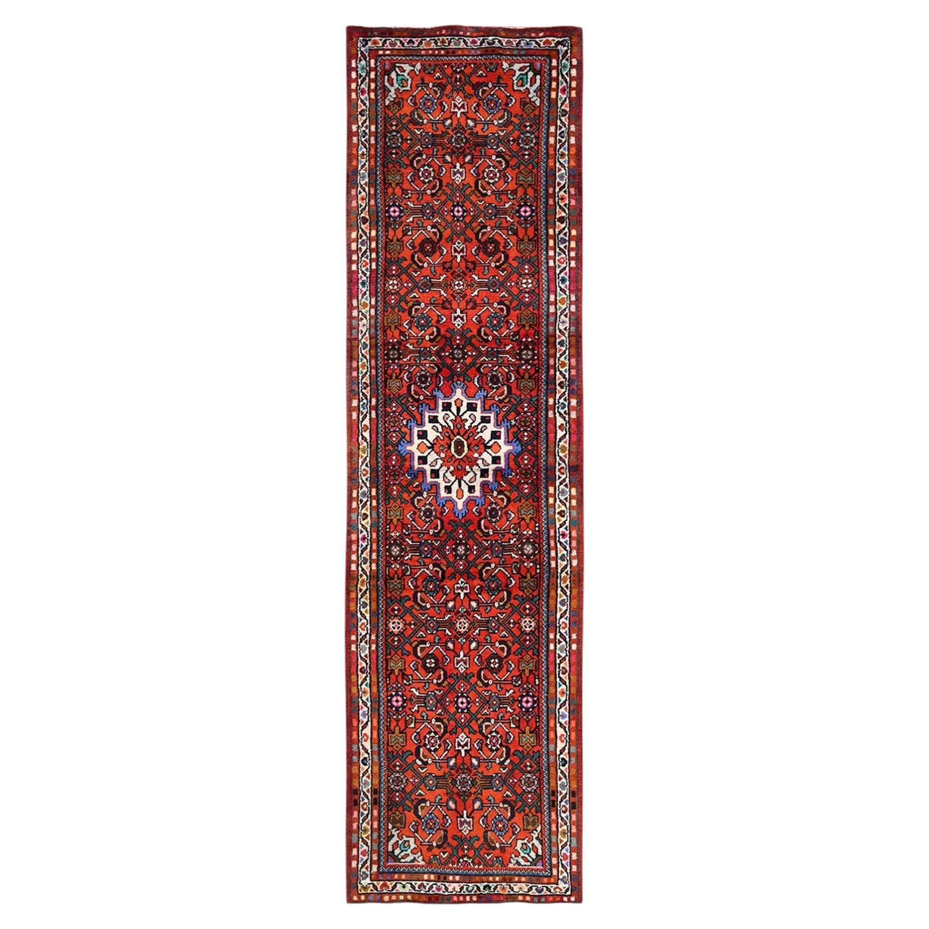 2'7"x10'1" Rust Red New Zoroastrian with Medallion Hand Knotted Wool Runner Rug For Sale