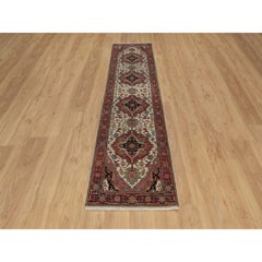 2'7"x10'1" Swan White Soft Wool Hand Knotted Antiqued Fine Heriz Re-Creation Rug