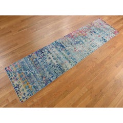 2'7"x10'2" Cambridge Blue, THE PEACOCK, Sari Silk, Hand Knotted, Runner, Rug