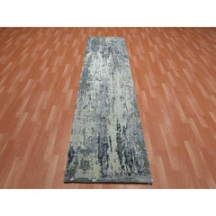 2'7"x10'2" Charcoal Gray Wool and Silk Denser Weave Hand Knotted Runner Rug