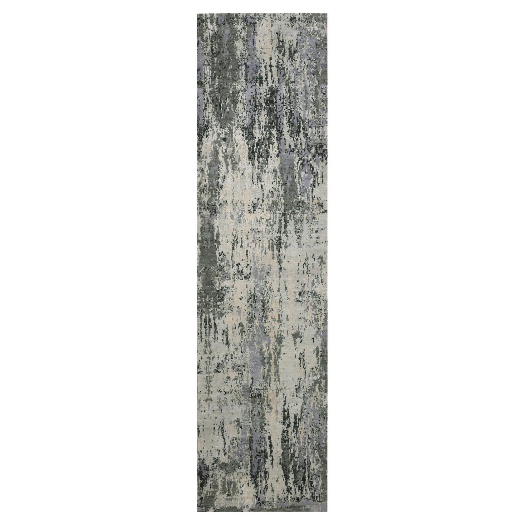2'7"x10'2" Charcoal Gray Wool and Silk Denser Weave Hand Knotted Runner Rug