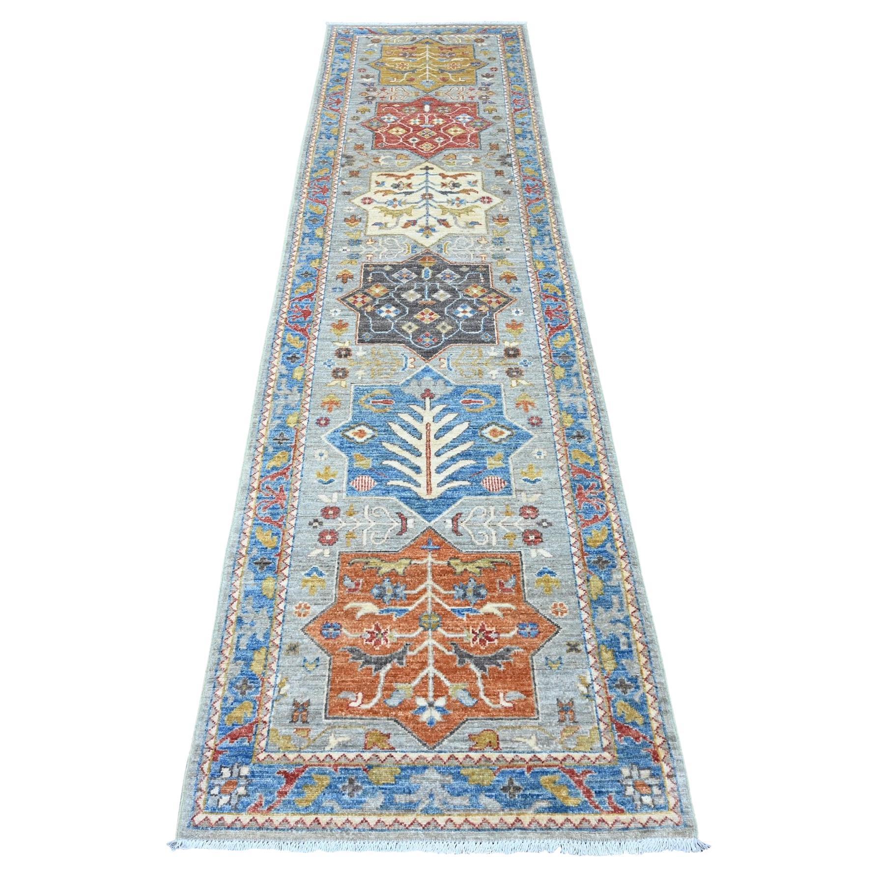 Tappeto Runner in lana annodata a mano Peshawar Caucasico Akstafa Design 2'7 "x10'2" grigio