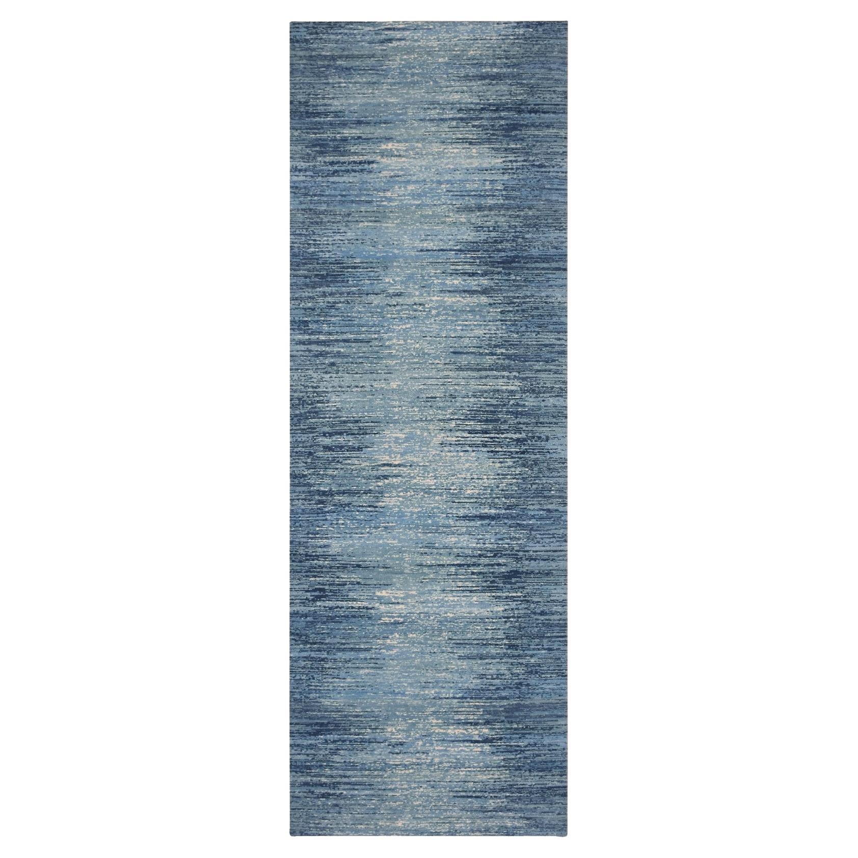 2'7"x10'2" Hand Knotted Ombre Design Pure Wool Only Blue Oriental Runner Rug