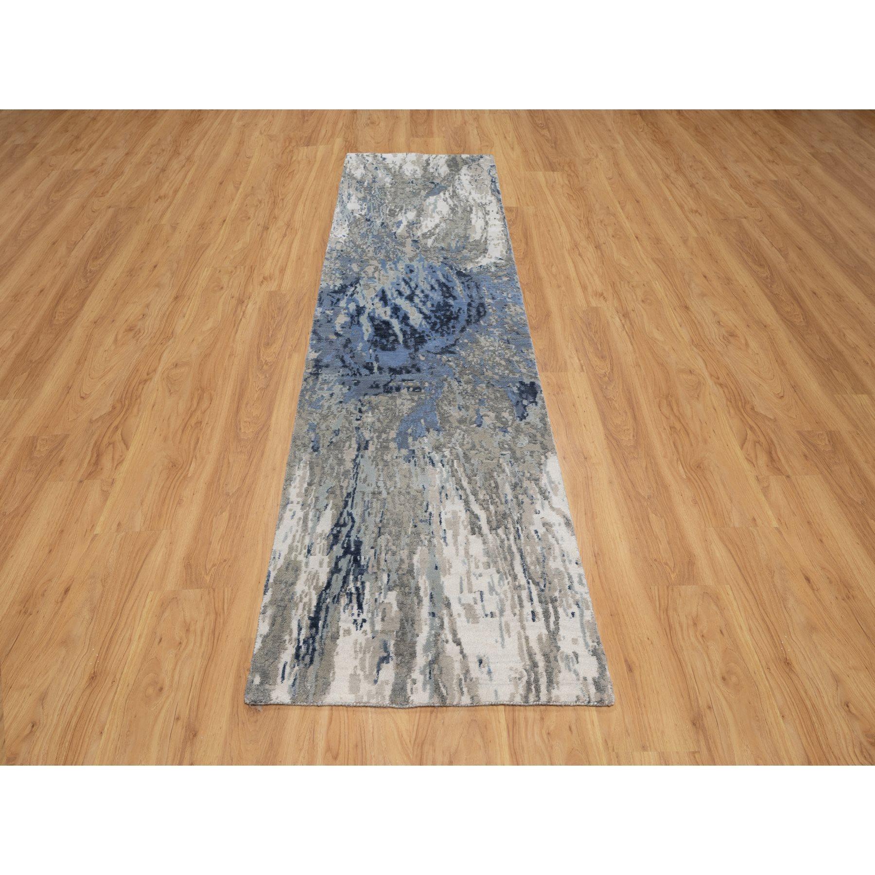 Yale Blue with Ivory, Abstract Design, Wool and Silk, Hi-low Pile, Hand Knotted, Lush and Plush, Runner, Oriental Rug
Primary materials: Wool & Silk
Latex: No Pile 
height: 0.25 Inches
Style: Contemporary
Primary color: Ivory
Secondary colors: Navy