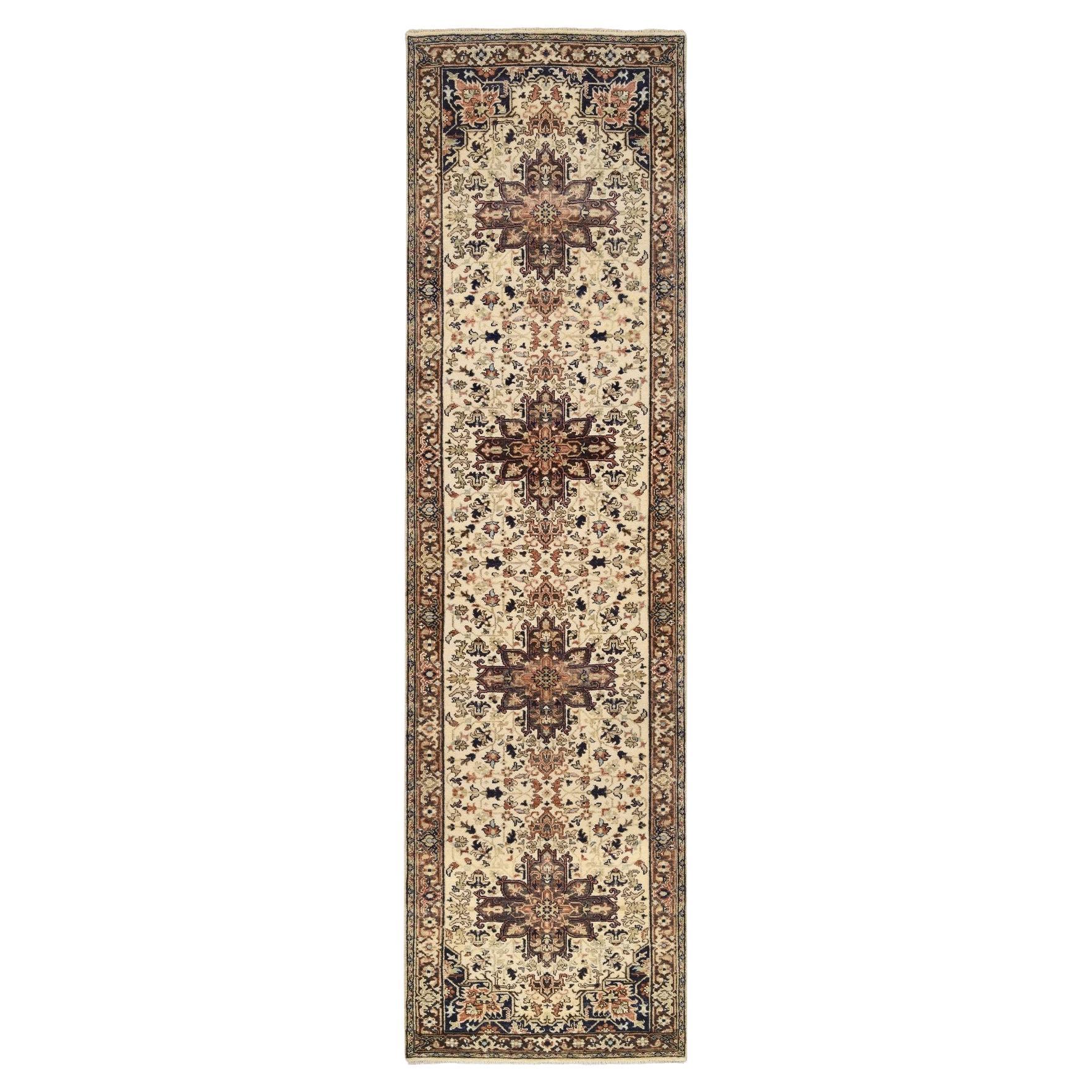 2'7"x10'3" Beige Antiqued Heriz Re-Creation Soft Wool Hand Knotted Runner Rug For Sale
