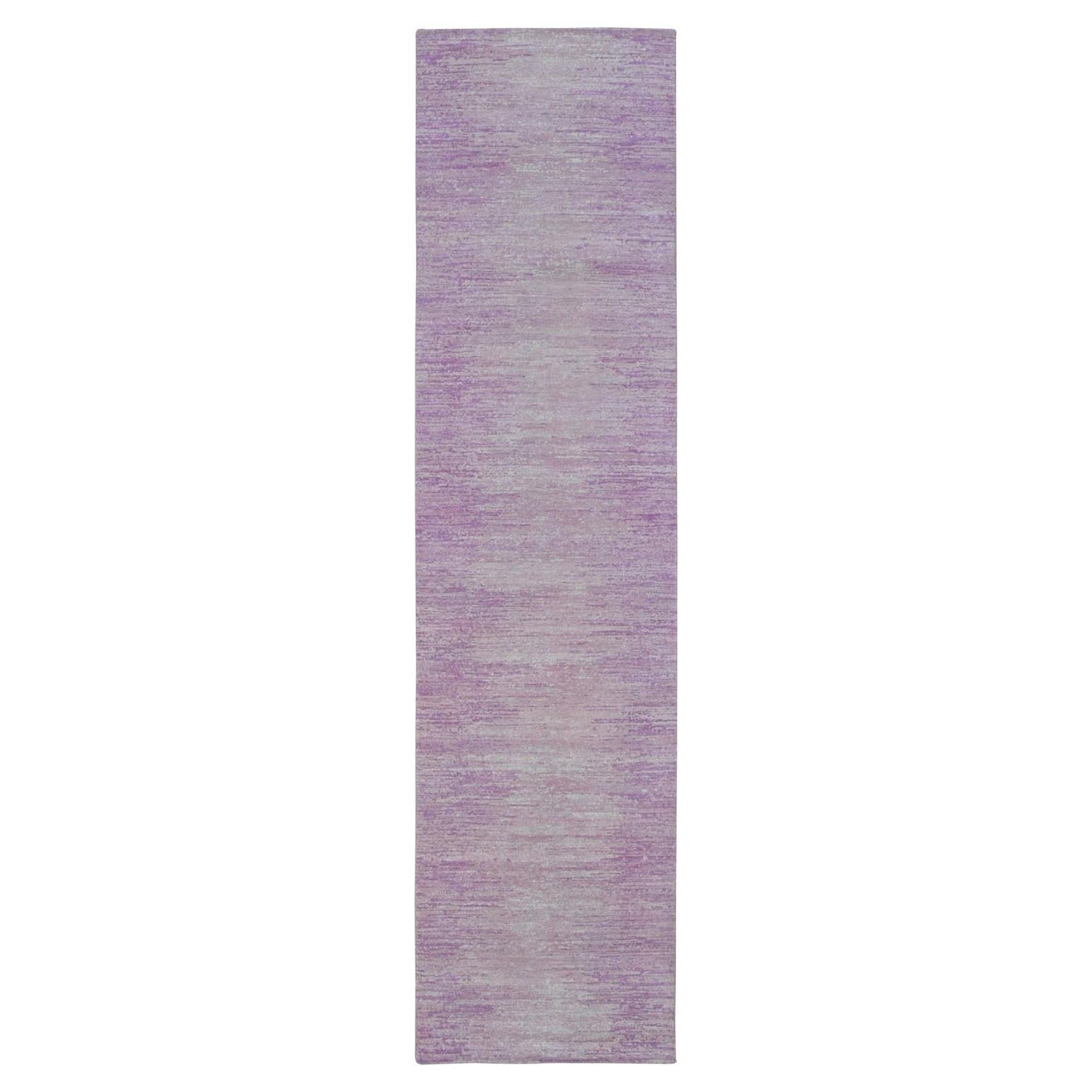 2'7"x10'3" Pink Pure Wool Only Ombre Design Handknotted Wide Runner Rug