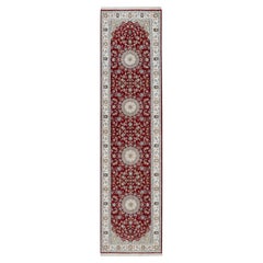 2'7"x10'3" Red Hand Knotted Nain with Medallion Design Wool and Silk Runner Rug
