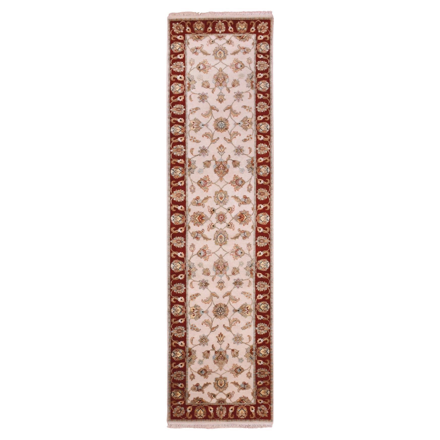 2'7 "x10'4" Tapis de course en laine et soie Snowbound White Leaf Rajasthan noué à la main