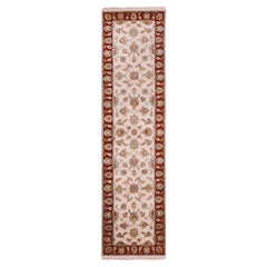 2'7 "x10'4" Tapis de course en laine et soie Snowbound White Leaf Rajasthan noué à la main