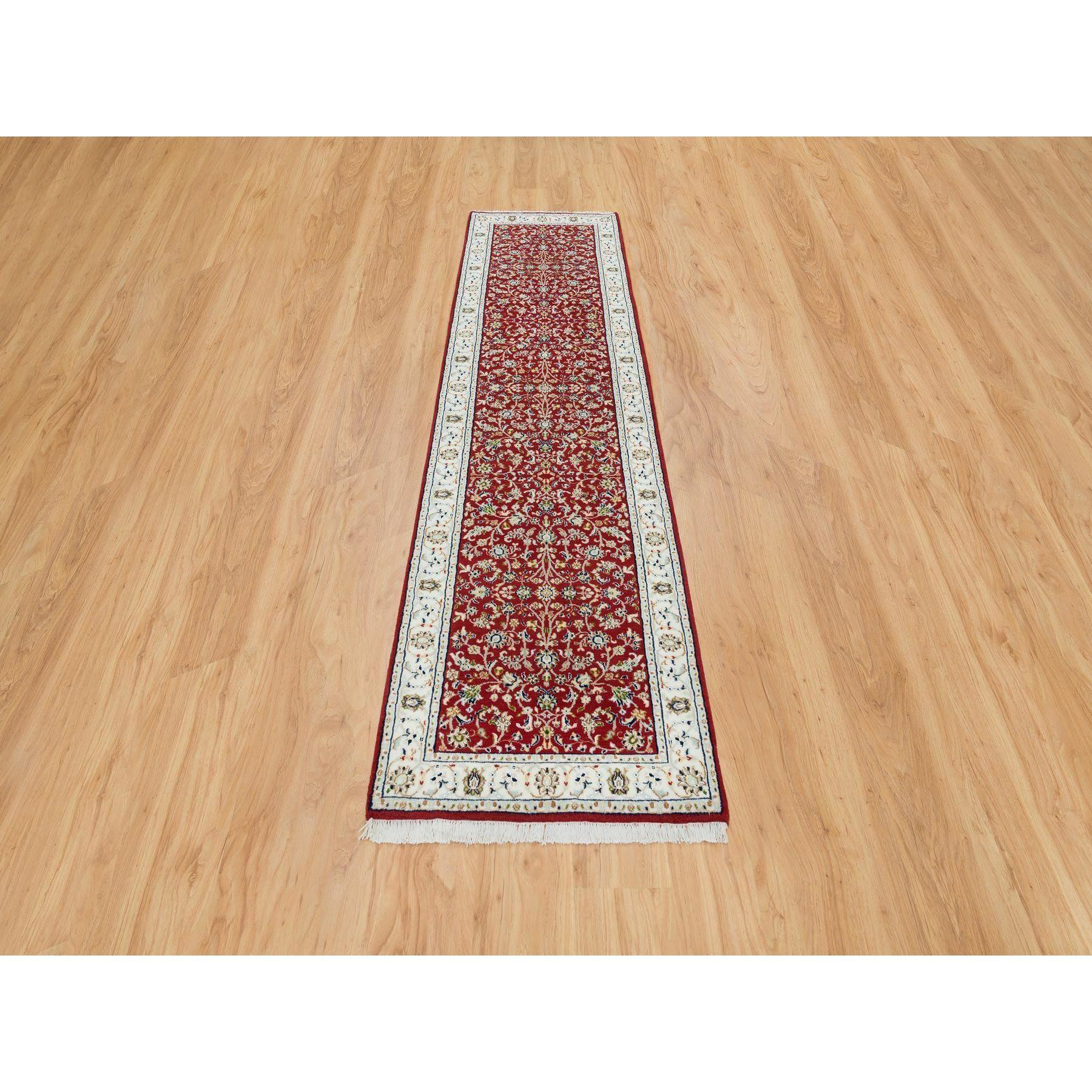 Cherry Red, Hand Knotted Nain with All Over Flower Design, 250 KPSI Extra Soft Wool, Runner Oriental Rug
Primary materials: Wool
Latex: No Pile 
height: 0.25 Inches
Style: Traditional
Primary color: Red
Secondary colors: Green, Black, Light Gray,